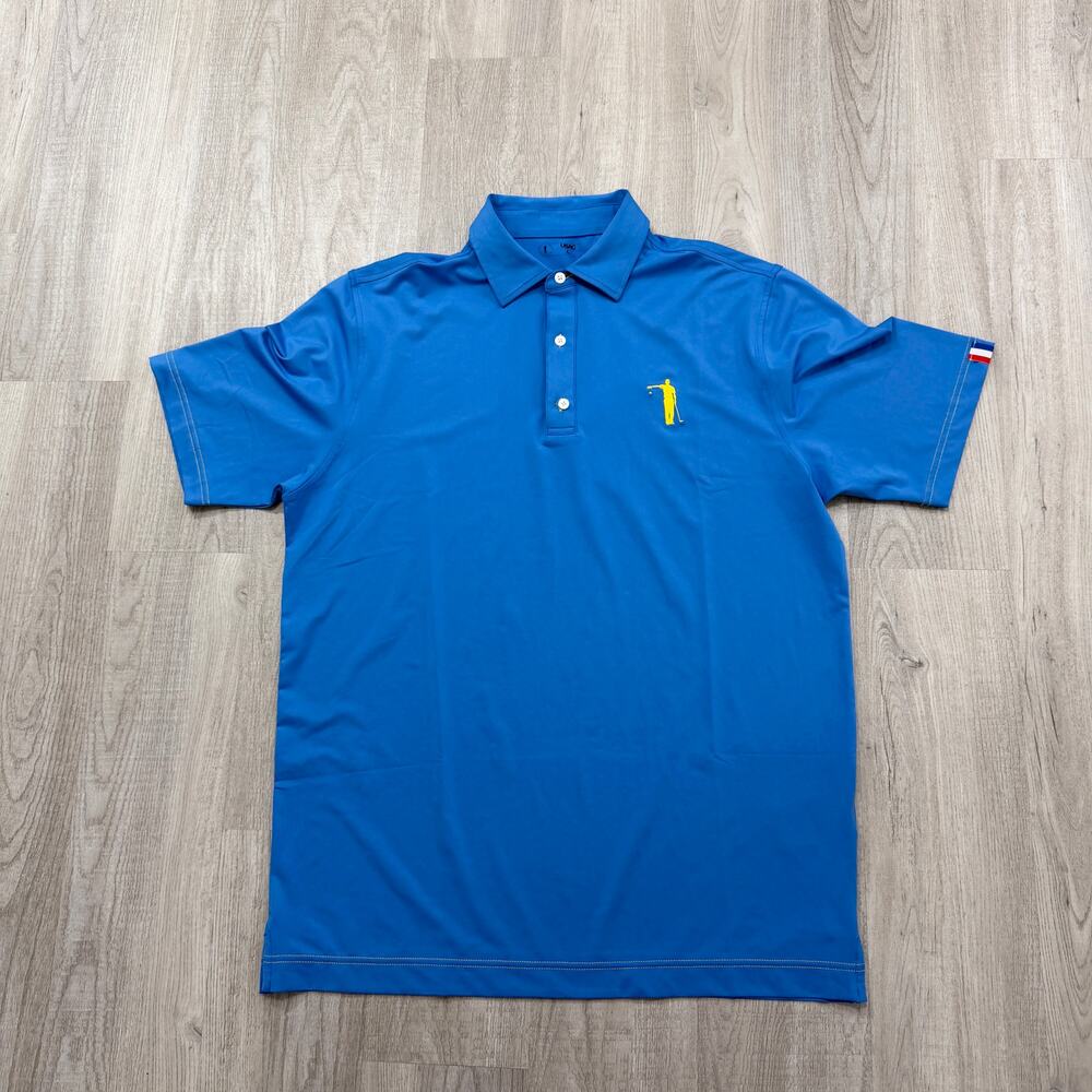 U Suck At Golf Polo Men's Large Blue Yellow Embroidered Collared Stretch Golfing